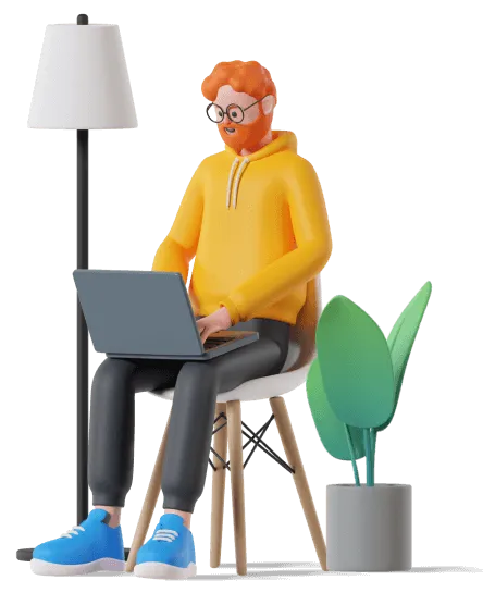 man sami setting on chair working on laptop near llamp and flaw