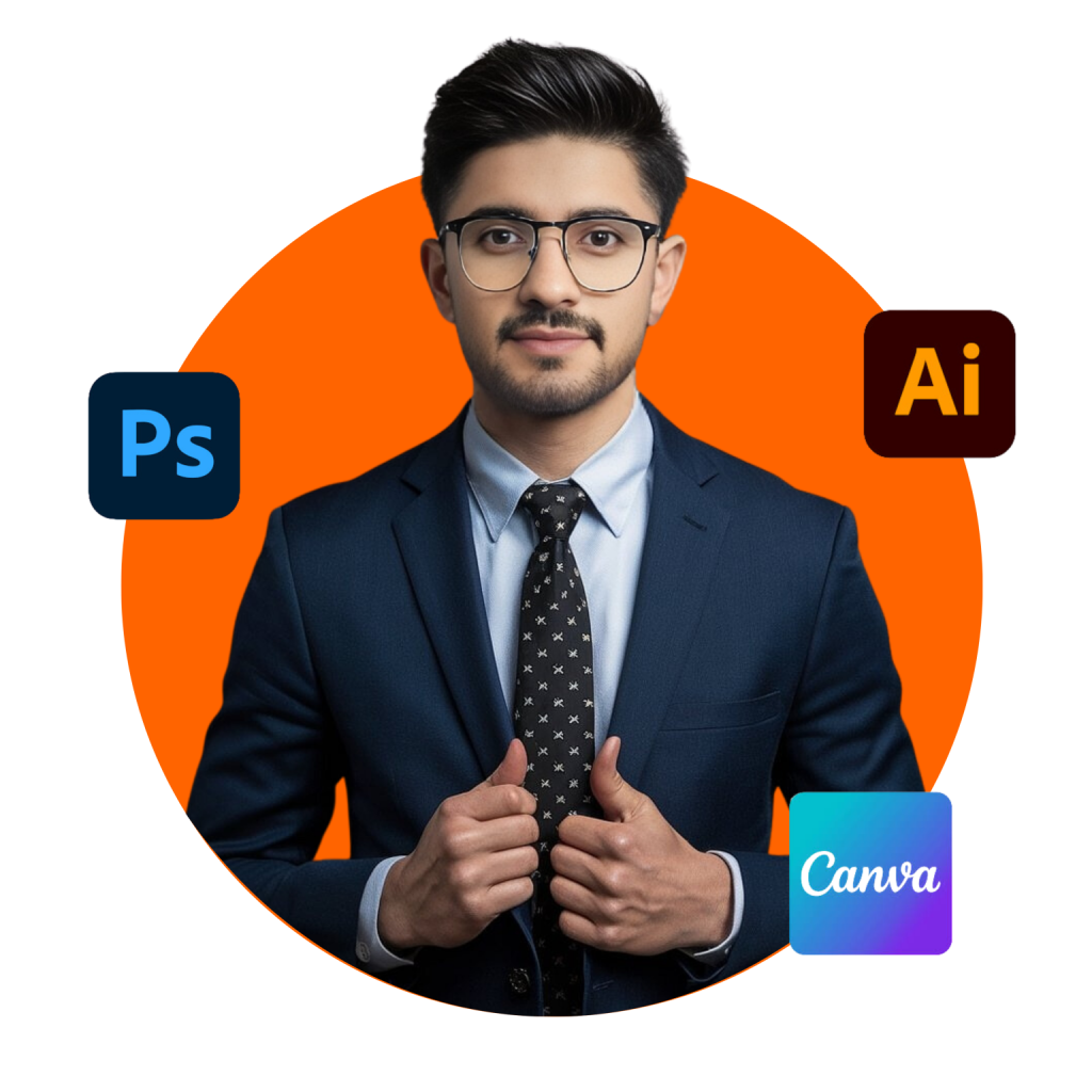 A professional headshot of a man, Adeel Hussain, wearing a dark blue suit and a patterned tie, holding his lapels. He is framed against a large orange circle. Logos for three primary design tools are displayed around him: Adobe Photoshop (Ps), Adobe Illustrator (Ai), and Canva.