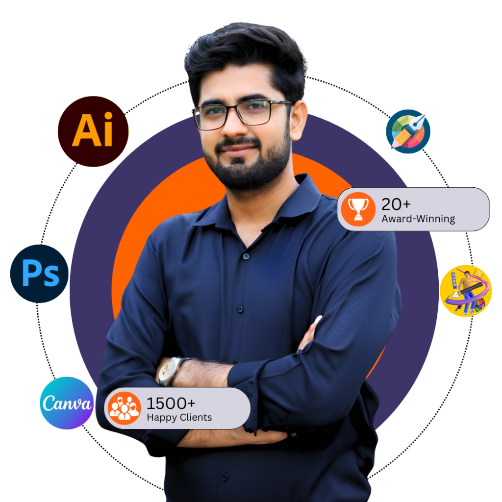 A professional photo of a man, Adeel Hussain, wearing a dark blue collared shirt with his arms crossed. The background features a large orange and purple circle, and dotted lines point to various design software logos (Ai, Ps, Canva) and career statistics like "20+ Award-Winning" and "1500+ Happy Clients".