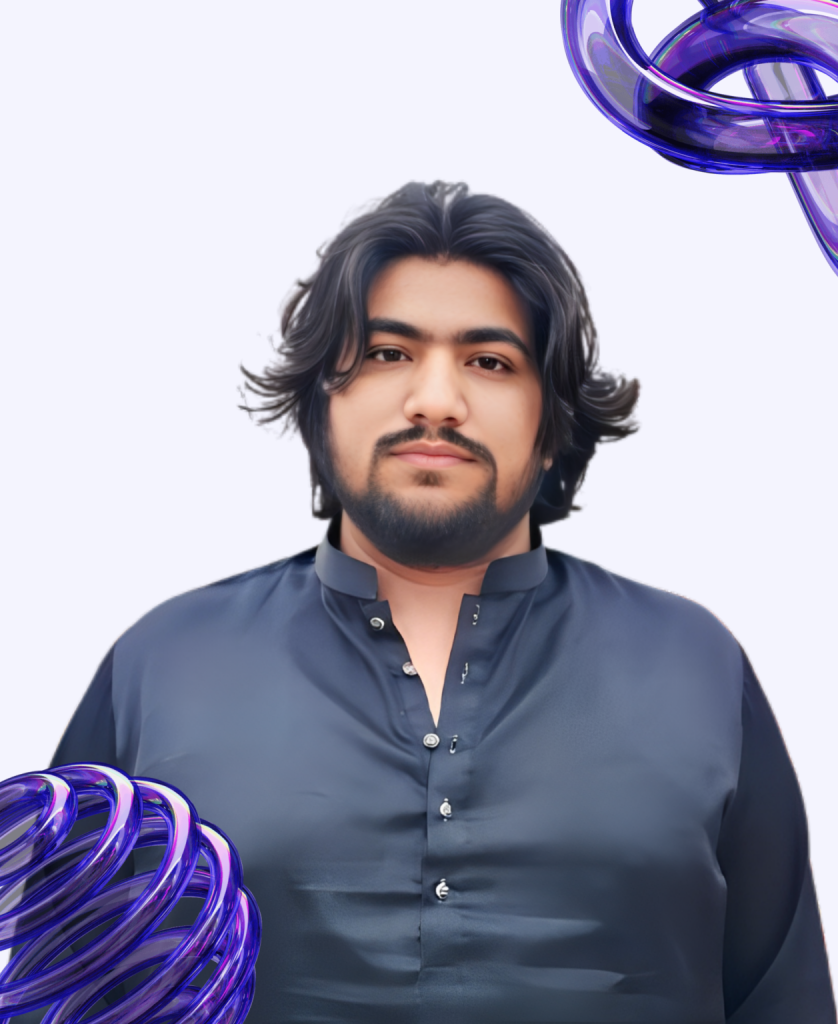 A professional-style portrait of a young man, Adnan Tabassum, with long dark hair and a beard, wearing a dark charcoal or black traditional South Asian shirt (likely a kameez or kurta). The background is plain white with abstract, glossy, purple 3D glass-like shapes in the corners, adding a modern visual effect.