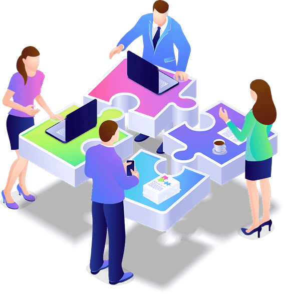 "Digital Marketing Agency "An isometric illustration showing four people in a business setting collaborating around four large, interlocking puzzle pieces. Two people are using laptops on their pieces, one is holding a phone, and another is looking at paperwork with a coffee cup nearby. The image symbolizes a team building a strategy or solution piece by piece.