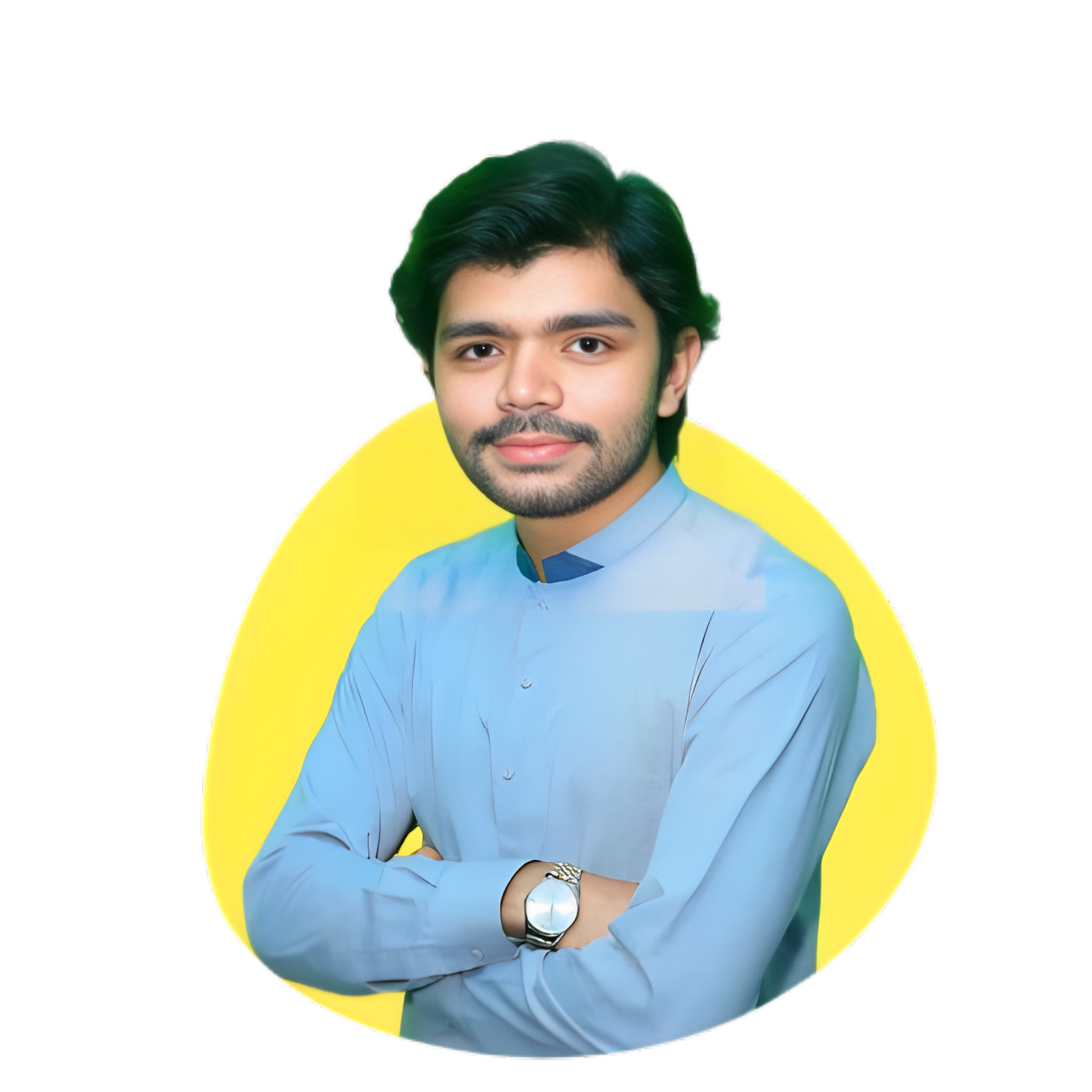 A professional portrait of a young man, Muhammad Harmain, with dark hair and a beard, wearing a light blue traditional kameez and a wristwatch, standing with his arms crossed against a yellow circle on a gray background