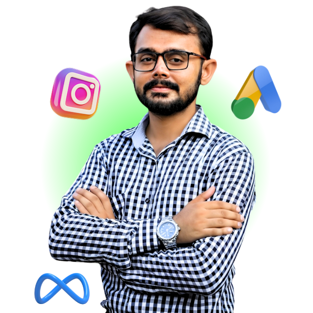A professional portrait of a man, likely Ali Raza, wearing glasses and a black and white checkered shirt with his arms crossed. He is surrounded by floating 3D logos of key digital marketing platforms: Instagram, Google Ads (AdWords), and the Meta infinity loop symbol, signifying his expertise in these areas.