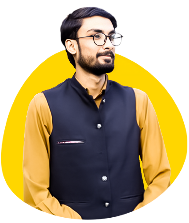 Aun Ali: A formal half-body portrait of a young man, likely Aun Ali, with a beard and glasses, looking thoughtfully to his right. He is wearing a mustard-yellow dress shirt topped with a dark navy blue waistcoat or vest. His image is centered within a vibrant yellow circle against a light gray background.