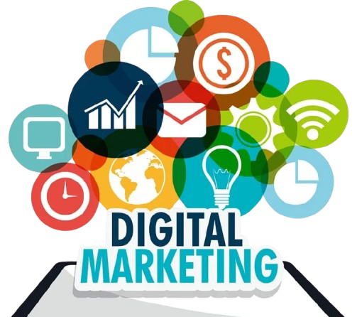 A vibrant graphic showing the term "DIGITAL MARKETING" written on a banner emerging from a mobile device. Various digital marketing icons in colorful, overlapping circles are floating above it, including a dollar sign, pie chart, envelope (email), light bulb (idea), Wi-Fi symbol, clock, and growth chart.