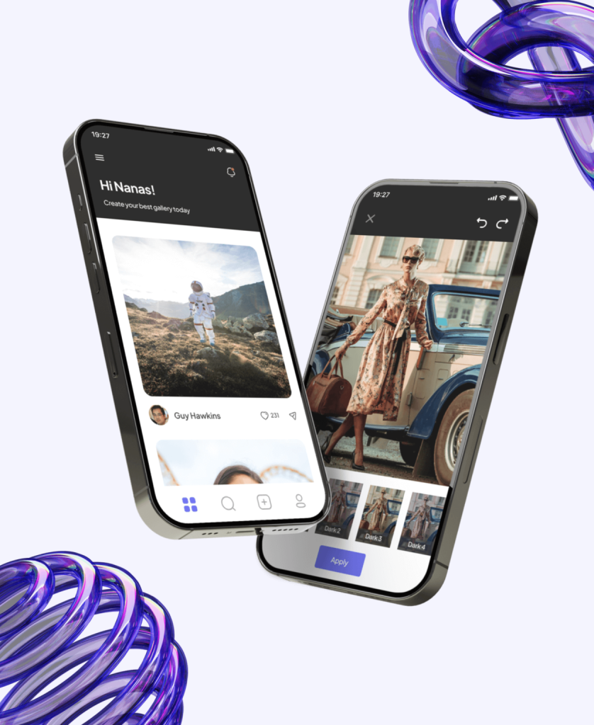 A visually dynamic image featuring two angled smartphones floating against a light background with abstract purple 3D shapes. The phone on the left shows a social media or gallery app feed with a user named "Guy Hawkins." The phone on the right displays a photo editing app interface, showing a stylish woman next to a classic car, with a row of photo filter presets (Dark 2, Dark 3, Dark 4) at the bottom.
