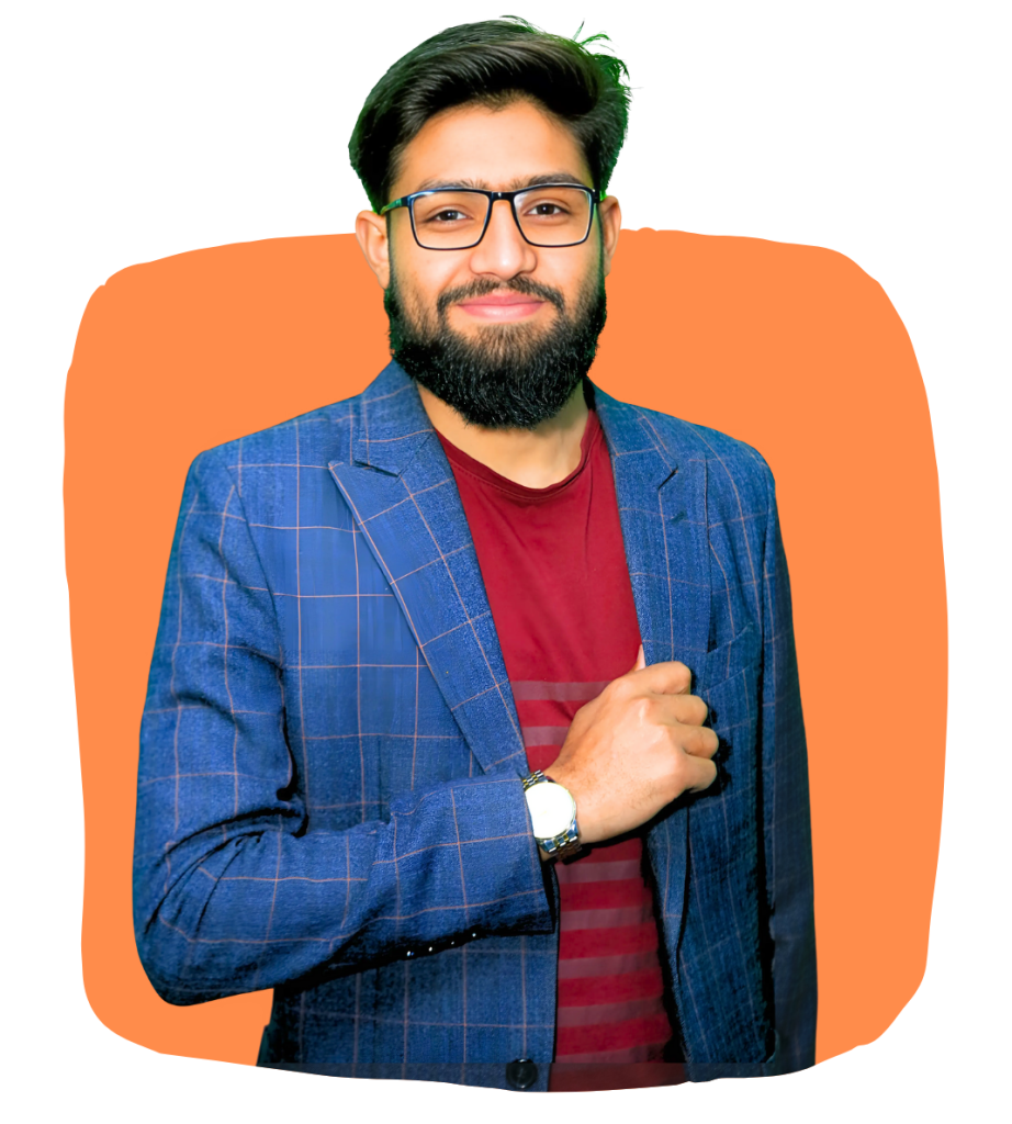 Hammad Ashraf :A professional, half-body portrait of a young man, Hammad, wearing glasses and a blue checkered blazer over a maroon t-shirt, set against a vibrant orange abstract shape on a light gray background.