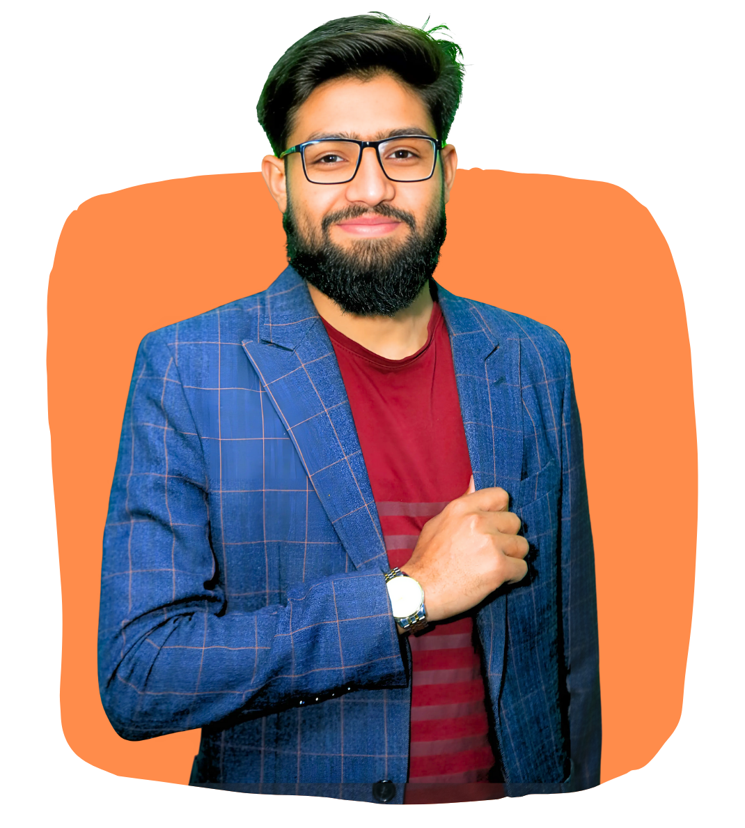 Hammad Ashraf :A professional, half-body portrait of a young man, Hammad, wearing glasses and a blue checkered blazer over a maroon t-shirt, set against a vibrant orange abstract shape on a light gray background.