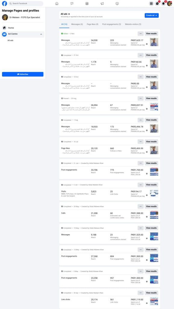A long screenshot of the Facebook Ads Ad Centre showing a list of past and current advertisements for a page named "Dr Mateen - FCPS Eye Specialist." Each row displays key ad performance metrics like Reach, Messages/Conversions started, Cost per result, and the Amount spent for various campaigns, including those focused on messages, page likes, and post engagements