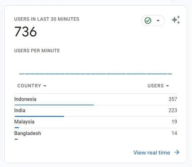 A Google Analytics real-time report showing 736 Users in the last 30 minutes. The report breaks down the number of active users by country, with the top countries listed as Indonesia (357), India (223), Malaysia (19), and Bangladesh (14).