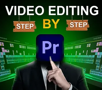 A dramatic thumbnail image for a video editing tutorial. A person in a business suit has the Adobe Premiere Pro (Pr) logo replacing their head, with a finger raised to the lips in a "shush" gesture. The background is a green-lit abstract video timeline, and the text reads "VIDEO EDITING STEP BY STEP".